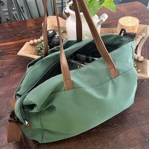 Green Shoulder Bag with Brown Straps